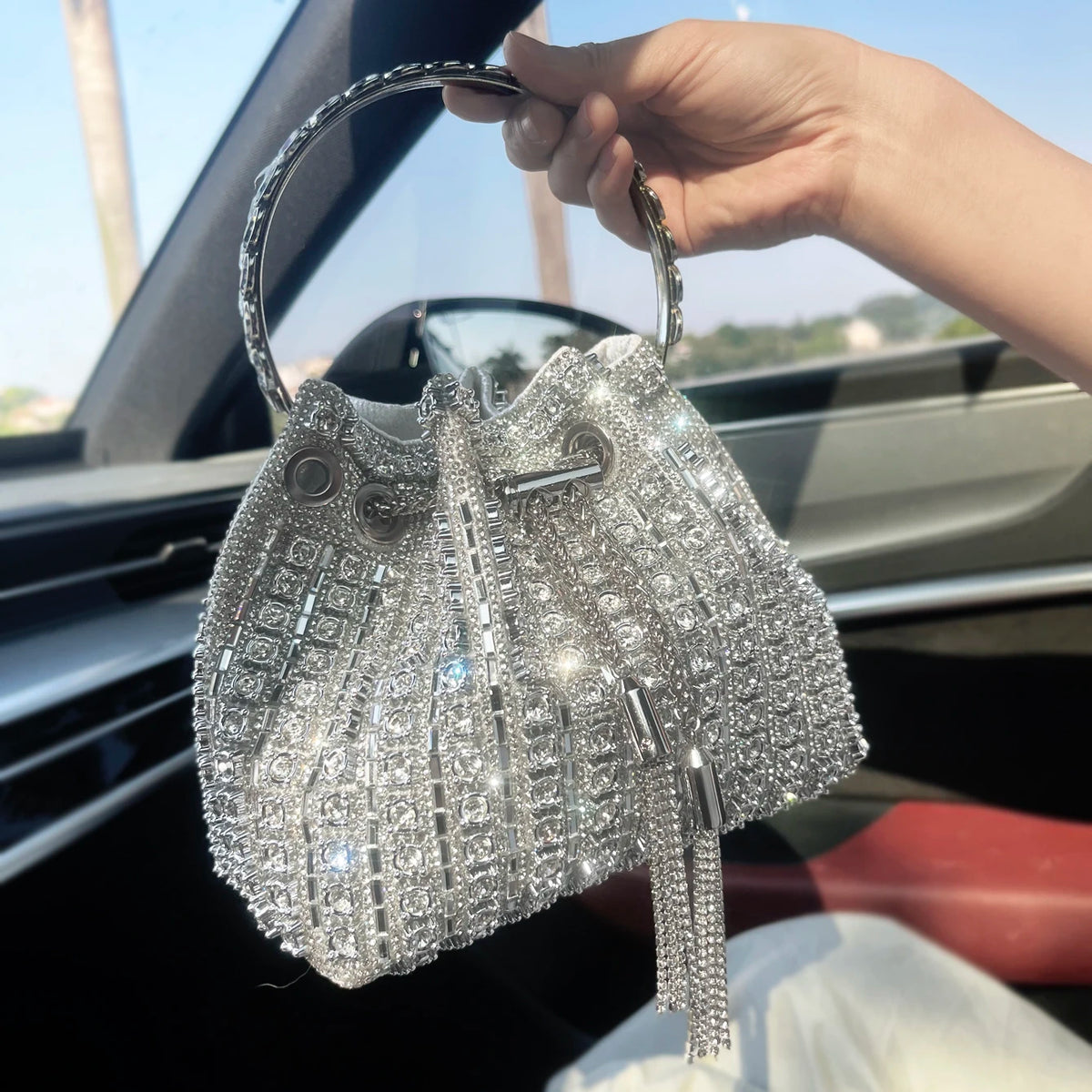 Sac de Soirée Femme Luxe – Strass & Cristaux, Pochette Bucket Bandoulière