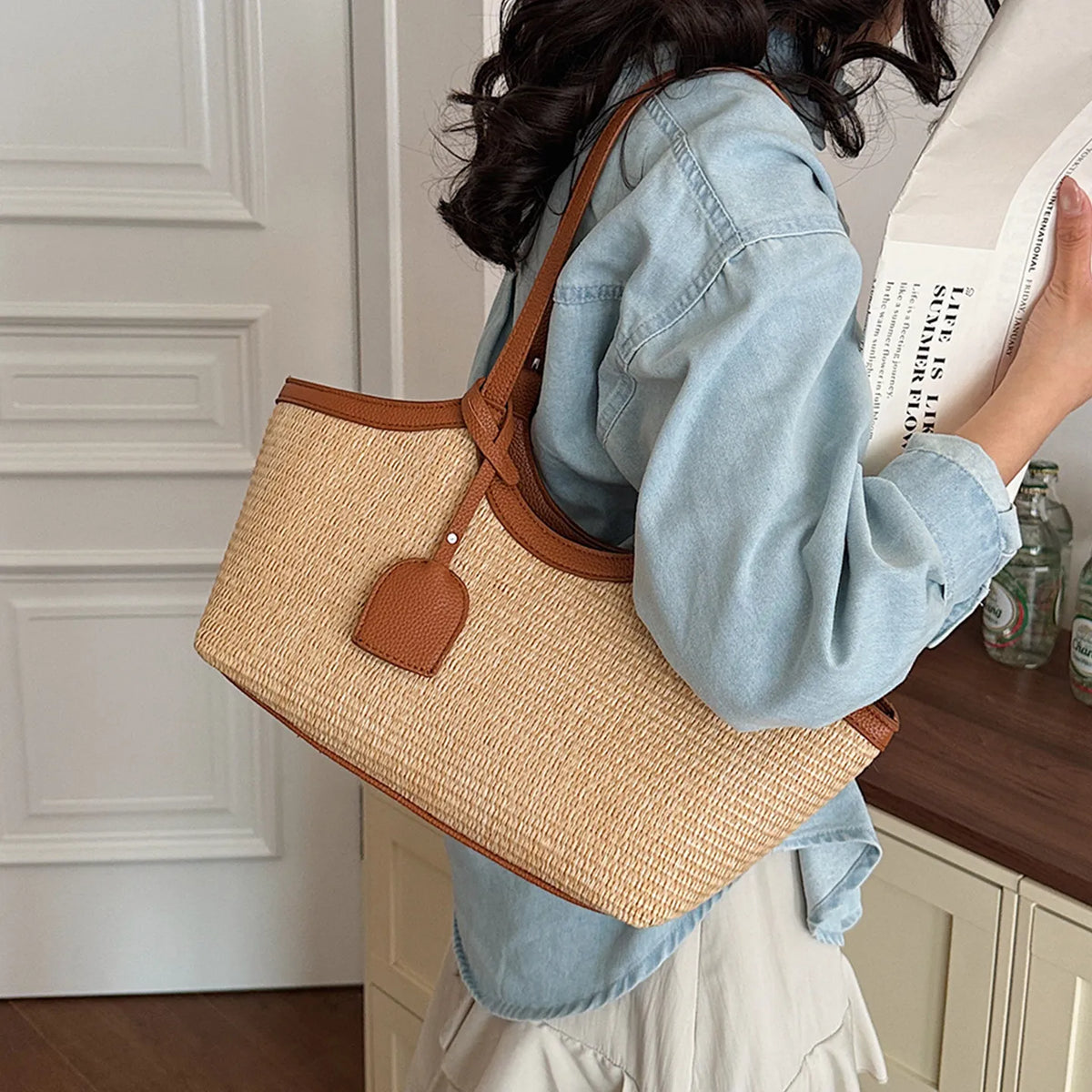 Tote Bag Seau en Paille Tressée – Grande Capacité & Style Minimaliste | Sélène & Co