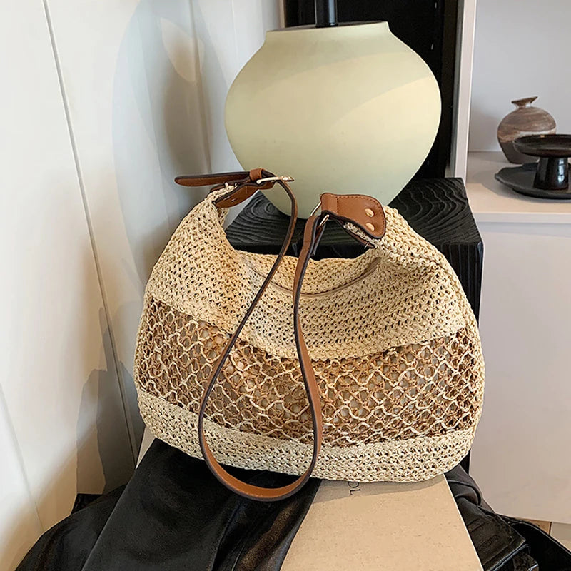 Sac Bandoulière d'Été Grande Capacité en Paille Tressée – Nœud Bohème