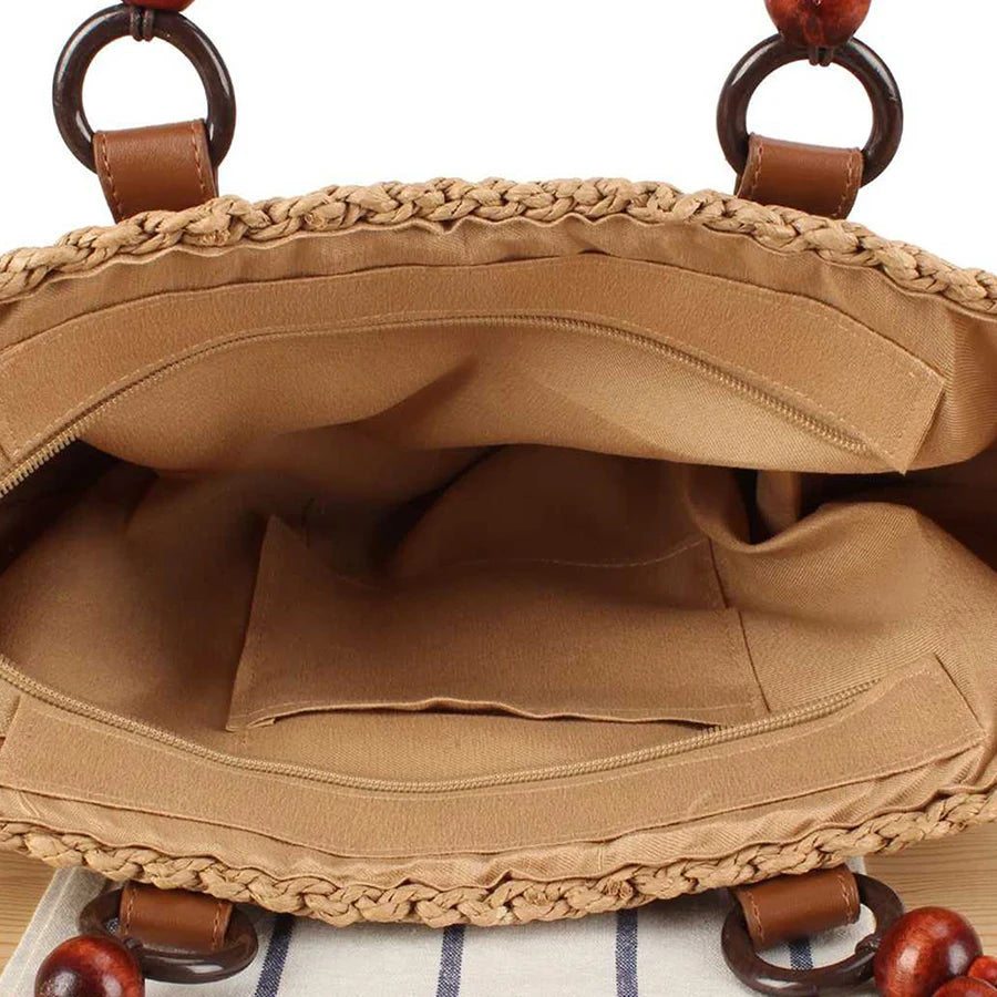 Sac Demi-Lune en Paille Tressée – Anses Perlées & Fermeture Zip | Sélène & Co