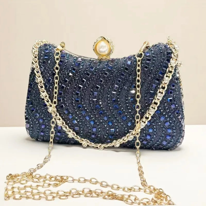 Clutch de Soirée Strass & Cristaux avec Chaîne Dorée – Pochette Femme