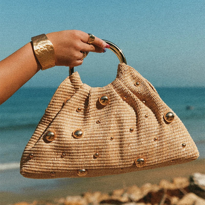 Sac Pochette Bohème Perles & Paille – Poignées Circulaires | Sélène & Co