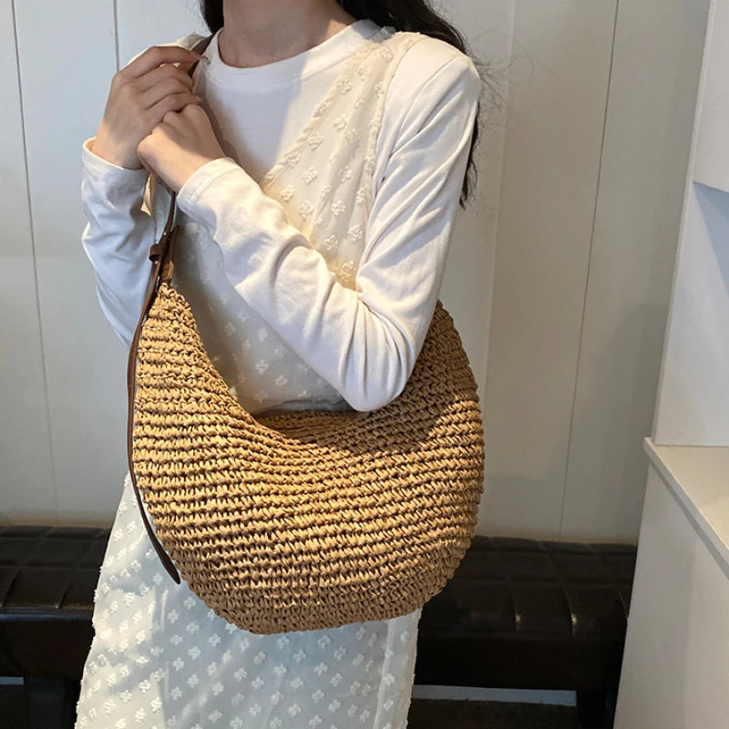 Sac Hobo Paille Crochet & Anse Cuir – Sac de Plage Bohème Femme