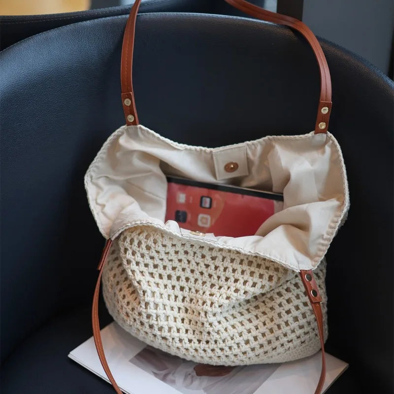 Sac Cabas Paille Ajourée & Coton – Légèreté Estivale | Sélène & Co