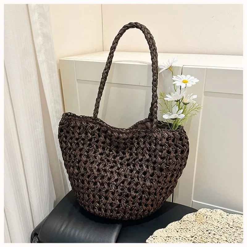 Sac Cabas en Paille Tressée Noire – Bandoulière | Sélène & Co