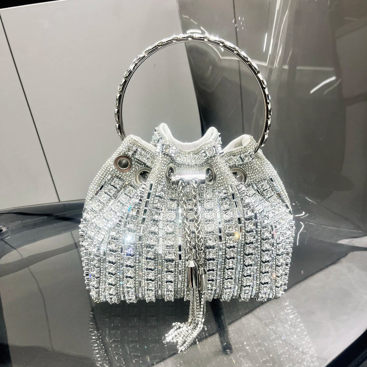 Sac de Soirée Femme Luxe – Strass & Cristaux, Pochette Bucket Bandoulière