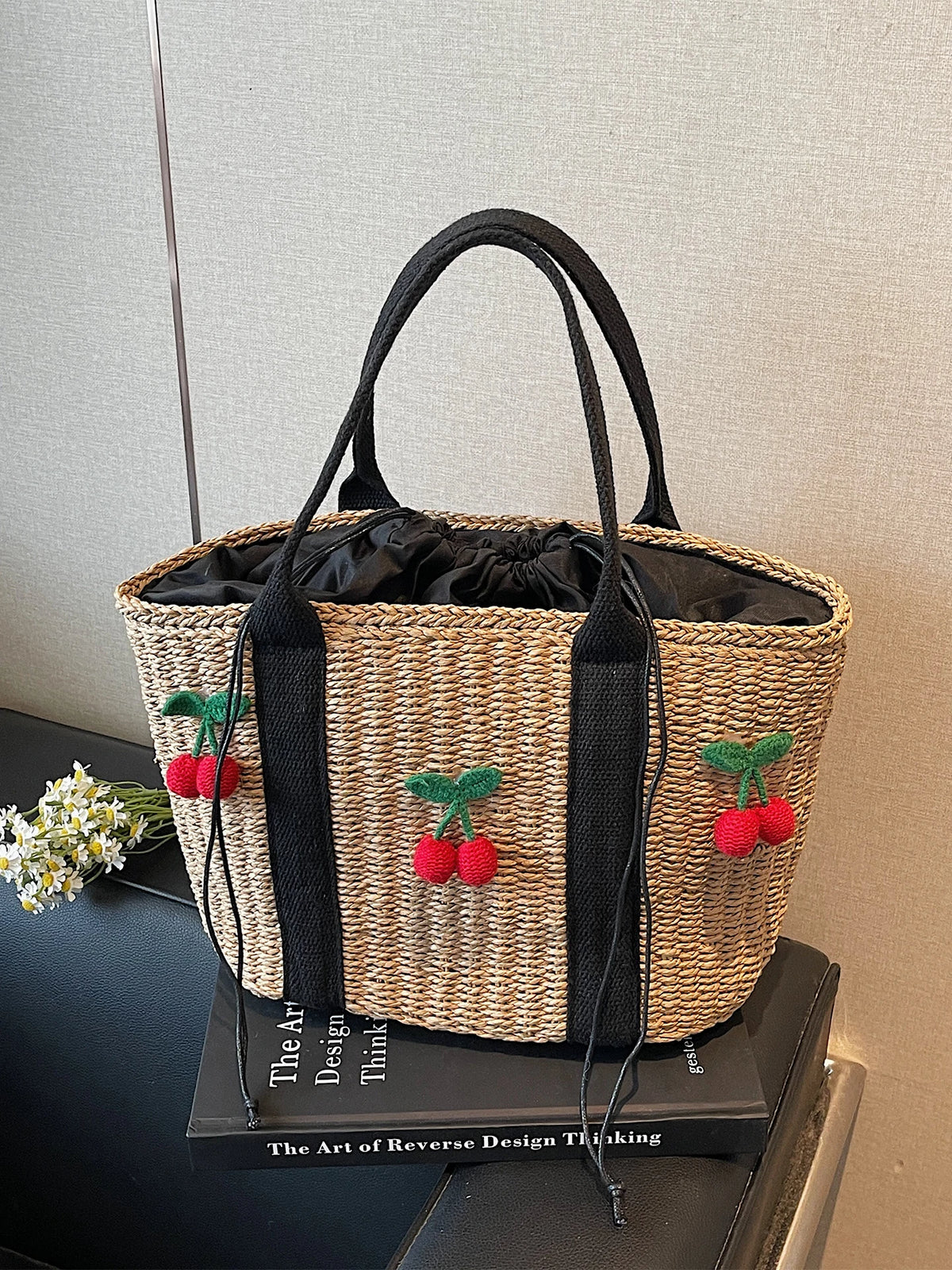 Grand Sac Tressé Motif Cerises – Esprit Estival | Sélène & Co
