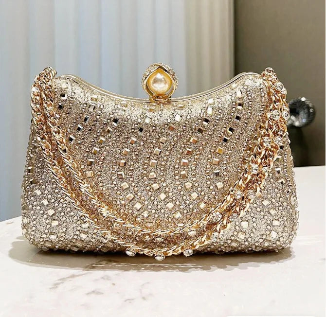 Clutch de Soirée Strass & Cristaux avec Chaîne Dorée – Pochette Femme