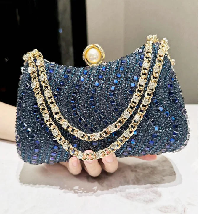 Clutch de Soirée Strass & Cristaux avec Chaîne Dorée – Pochette Femme