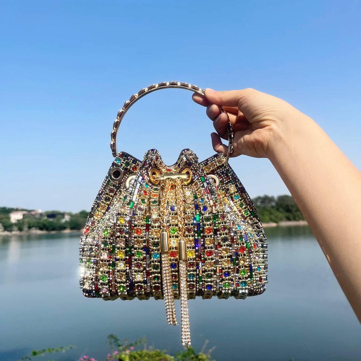 Sac de Soirée Femme Luxe – Strass & Cristaux, Pochette Bucket Bandoulière