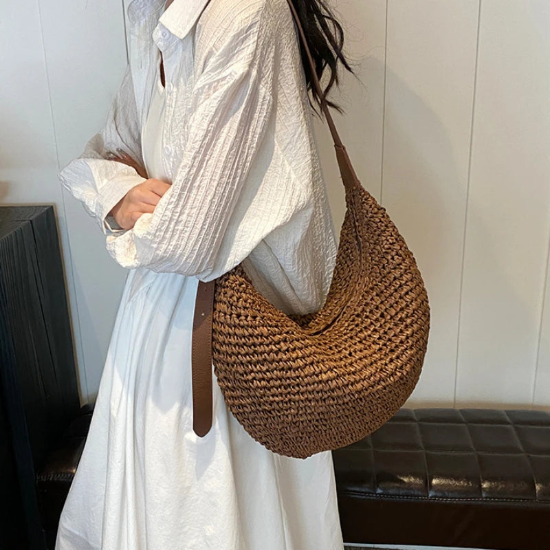 Sac Hobo Paille Crochet & Anse Cuir – Sac de Plage Bohème Femme