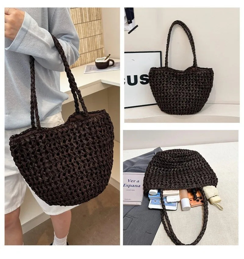 Sac Cabas en Paille Tressée Noire – Bandoulière | Sélène & Co