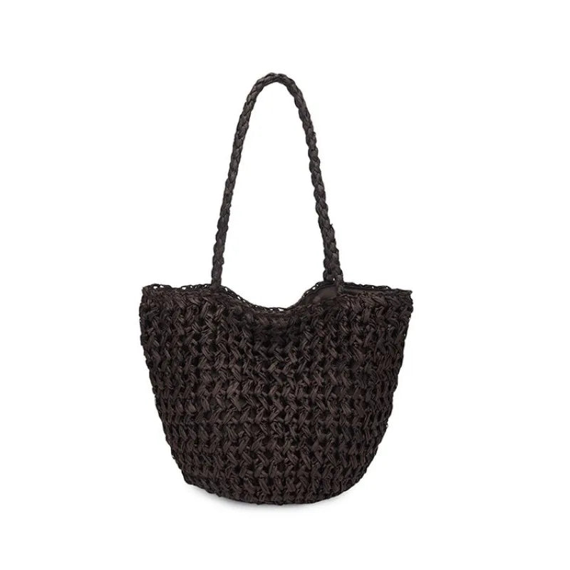 Sac Cabas en Paille Tressée Noire – Bandoulière | Sélène & Co