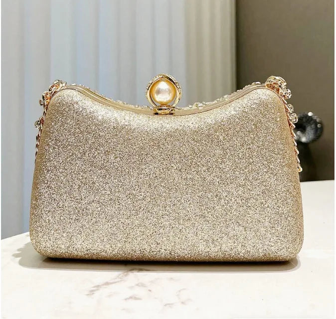 Clutch de Soirée Strass & Cristaux avec Chaîne Dorée – Pochette Femme