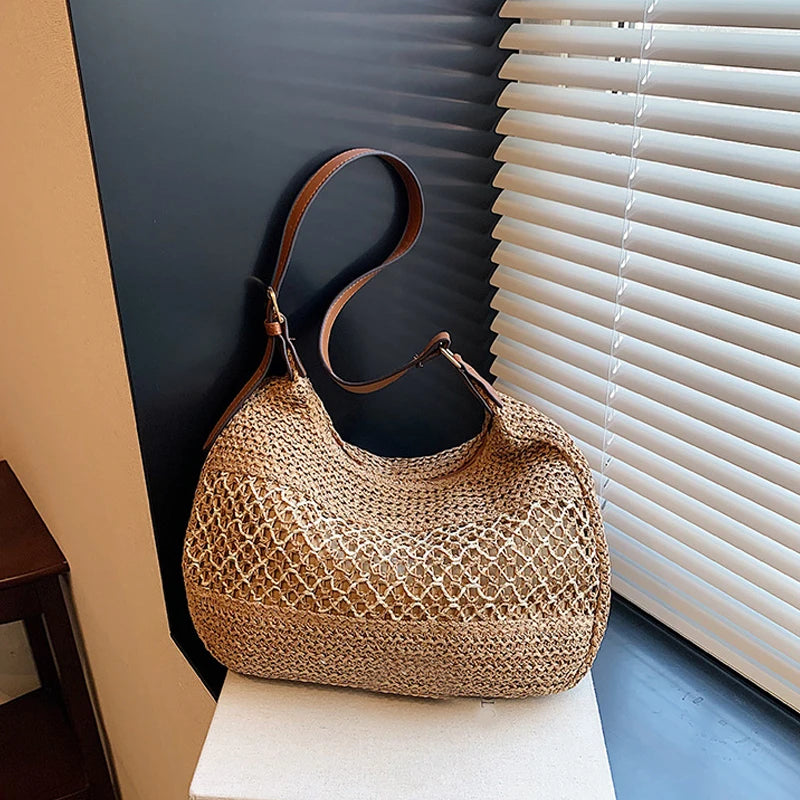Sac Bandoulière d'Été Grande Capacité en Paille Tressée – Nœud Bohème