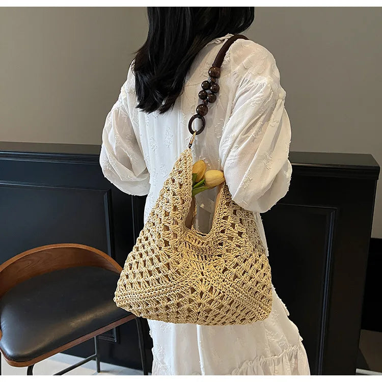 Sac Tote en Paille Ajourée – Esprit Vacances | Sélène & Co