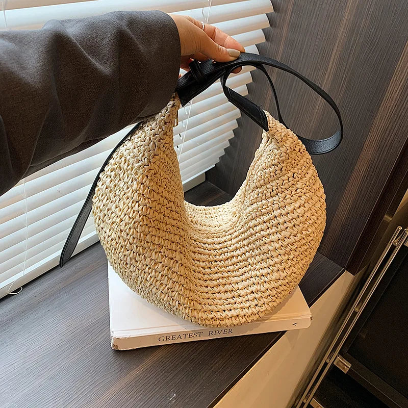 Sac Hobo Paille Crochet & Anse Cuir – Sac de Plage Bohème Femme