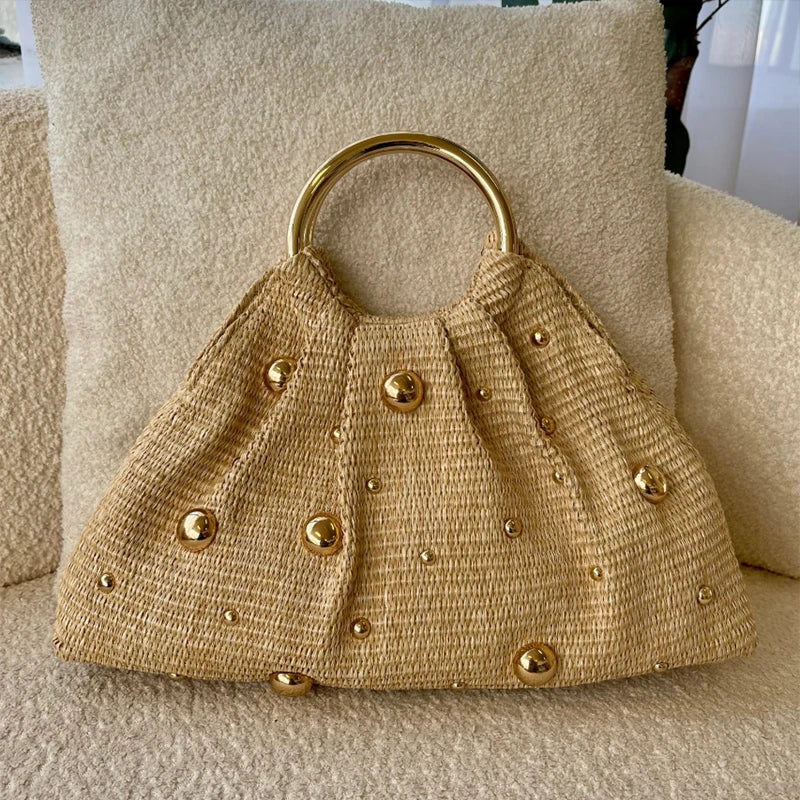 Sac Pochette Bohème Perles & Paille – Poignées Circulaires | Sélène & Co