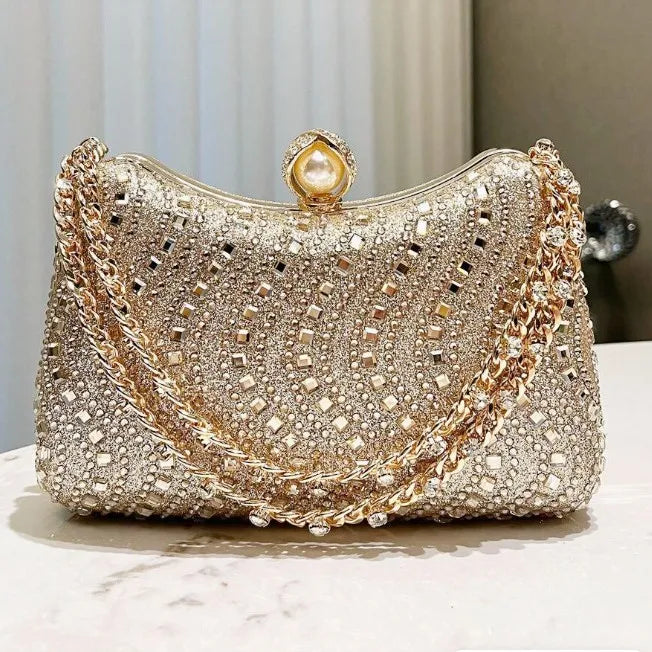 Clutch de Soirée Strass & Cristaux avec Chaîne Dorée – Pochette Femme