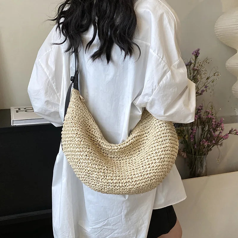 Sac Hobo Paille Crochet & Anse Cuir – Sac de Plage Bohème Femme