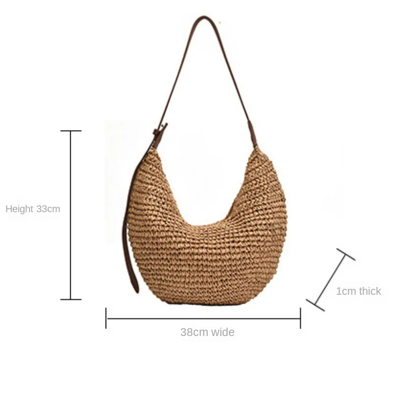Sac Hobo Paille Crochet & Anse Cuir – Sac de Plage Bohème Femme