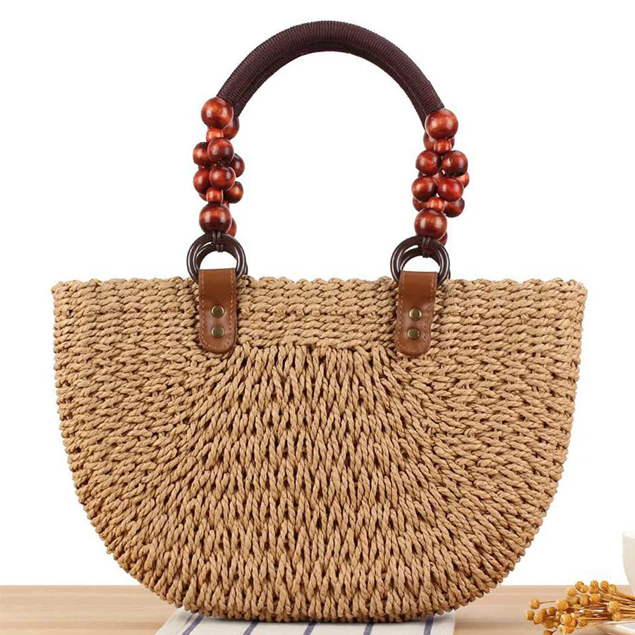 Sac Demi-Lune en Paille Tressée – Anses Perlées & Fermeture Zip | Sélène & Co