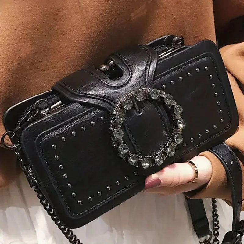 Sac Bandoulière Femme Élégant – Cuir PU, Décoration Diamants, Fermeture Zip