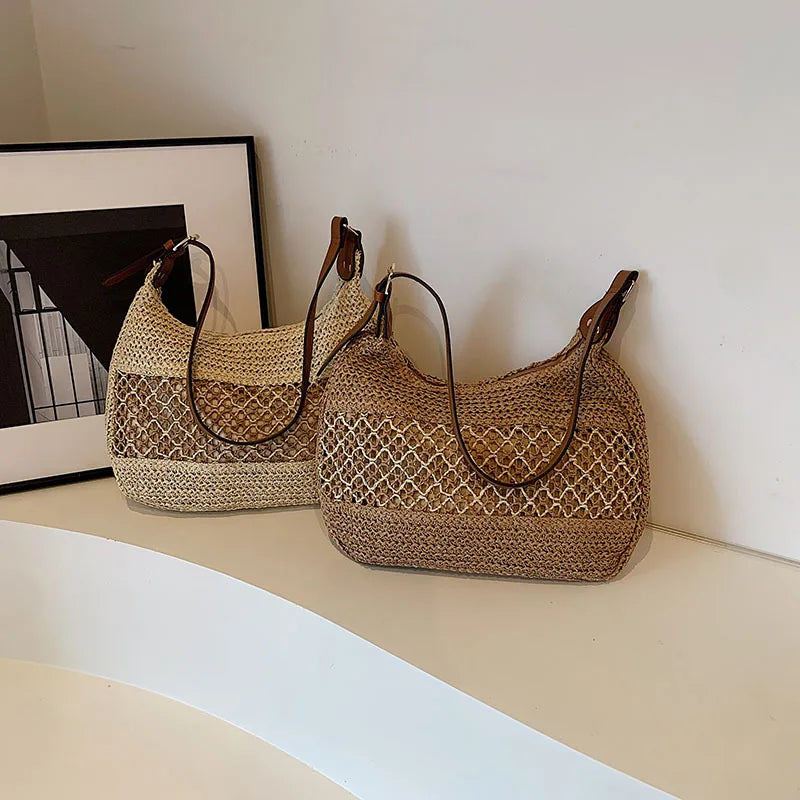 Sac Bandoulière d'Été Grande Capacité en Paille Tressée – Nœud Bohème