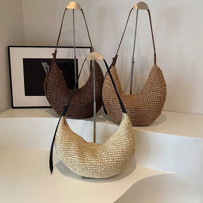 Sac Hobo Paille Crochet & Anse Cuir – Sac de Plage Bohème Femme