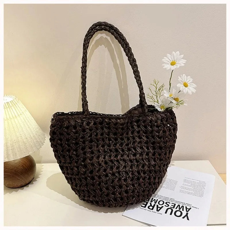 Sac Cabas en Paille Tressée Noire – Bandoulière | Sélène & Co