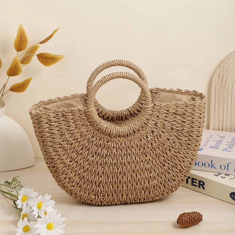Sac de Plage Bohème Forme Lune – Paille Tressée Artisanale | Sélène & Co