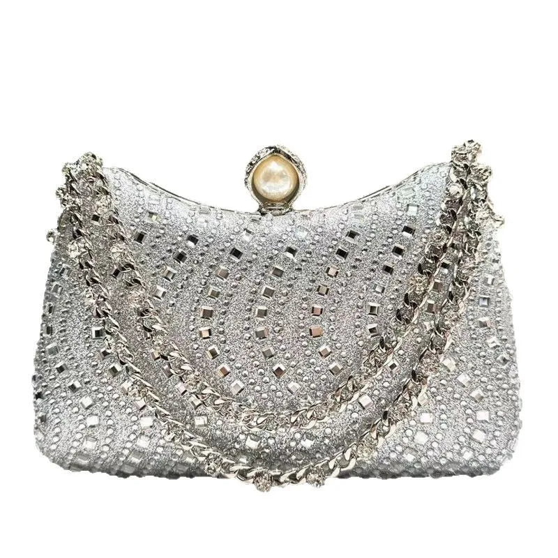 Clutch de Soirée Strass & Cristaux avec Chaîne Dorée – Pochette Femme