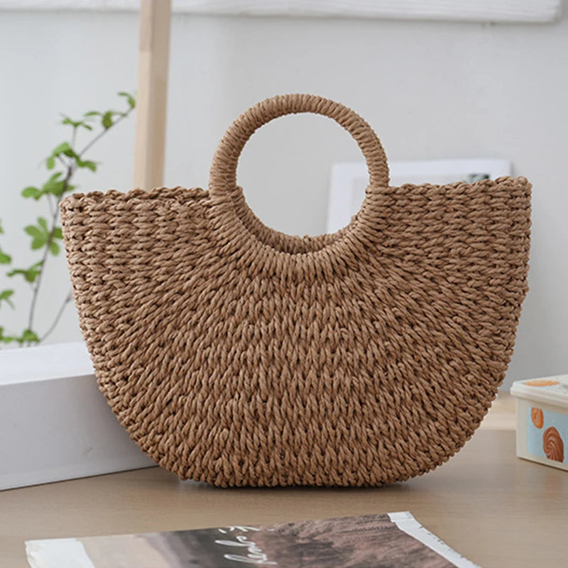 Sac de Plage Bohème Forme Lune – Paille Tressée Artisanale | Sélène & Co