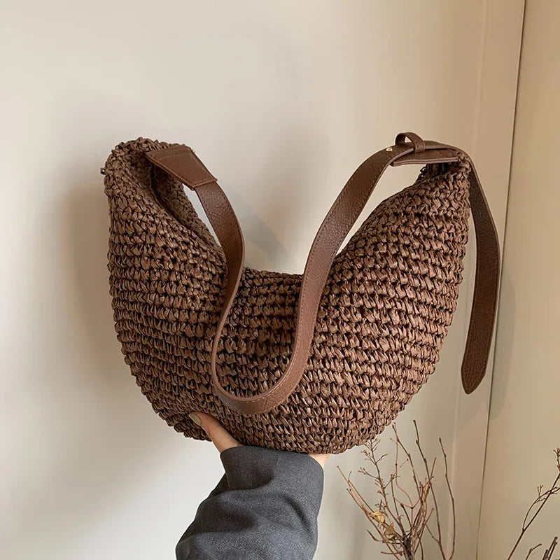 Sac Hobo Paille Crochet & Anse Cuir – Sac de Plage Bohème Femme