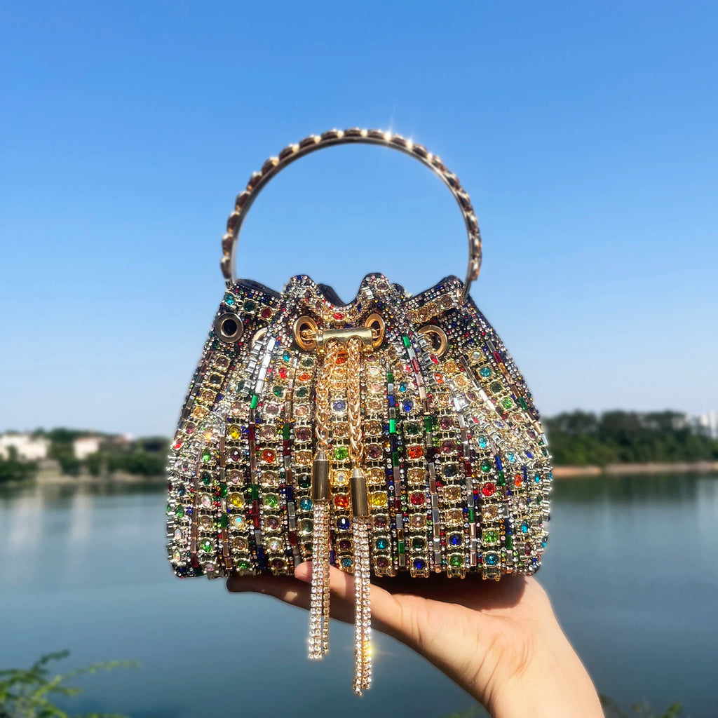 Sac de Soirée Femme Luxe – Strass & Cristaux, Pochette Bucket Bandoulière