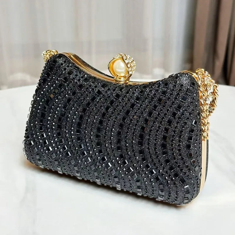 Clutch de Soirée Strass & Cristaux avec Chaîne Dorée – Pochette Femme
