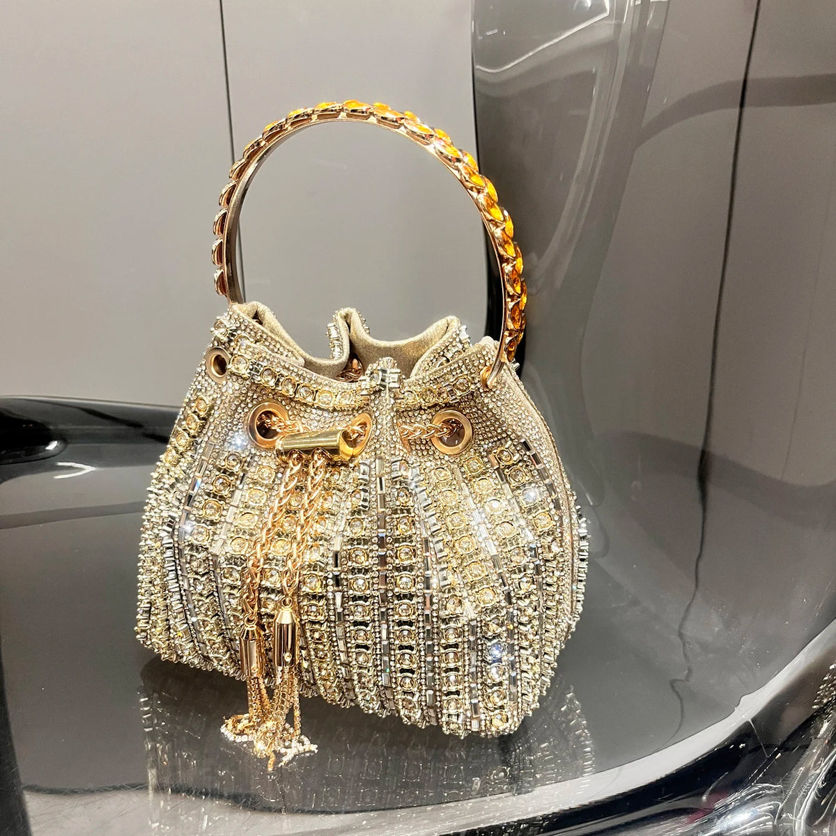 Sac de Soirée Femme Luxe – Strass & Cristaux, Pochette Bucket Bandoulière