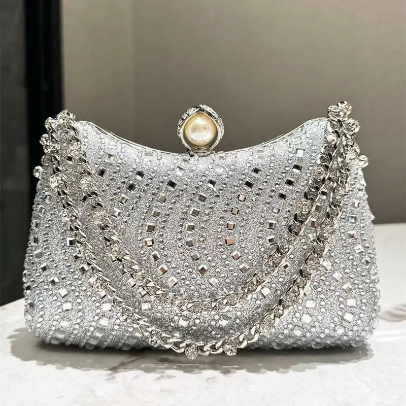 Clutch de Soirée Strass & Cristaux avec Chaîne Dorée – Pochette Femme