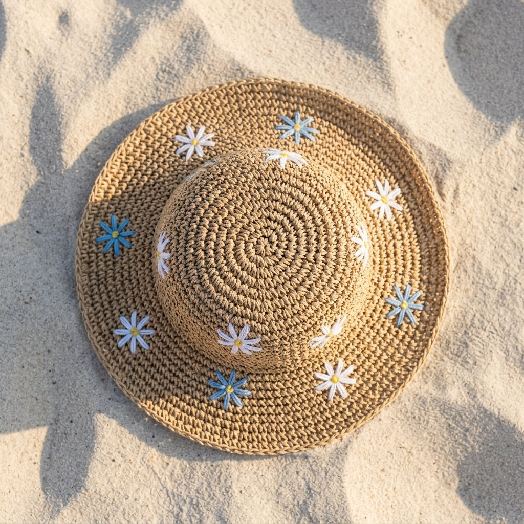 Woven Straw Bucket Hat — Summer Essentials Flat Lay | Generated by Modelize